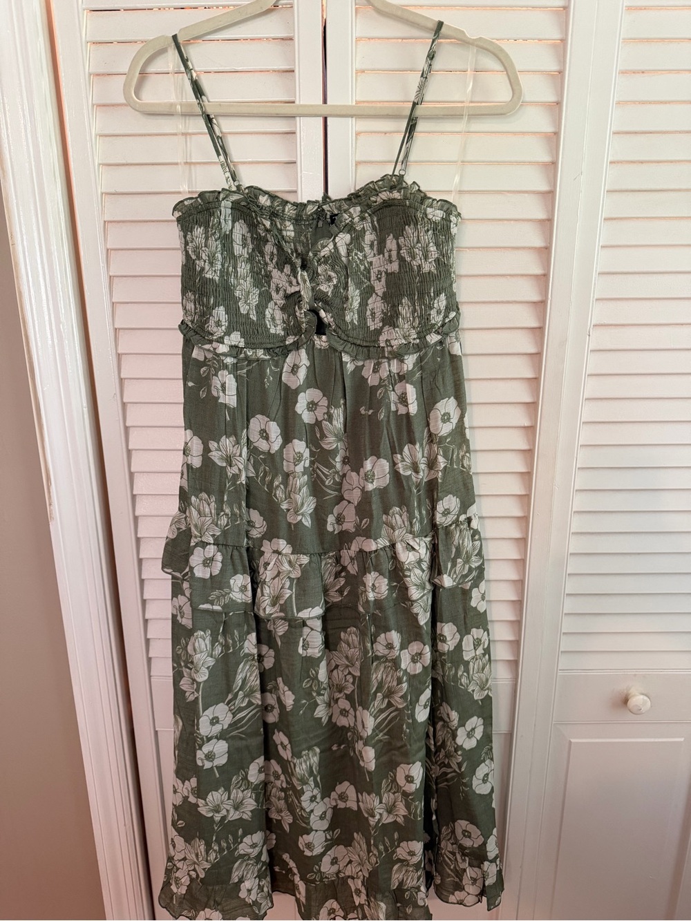 Trixxi Olive Green Floral Tiered Smocked Midi Skirt